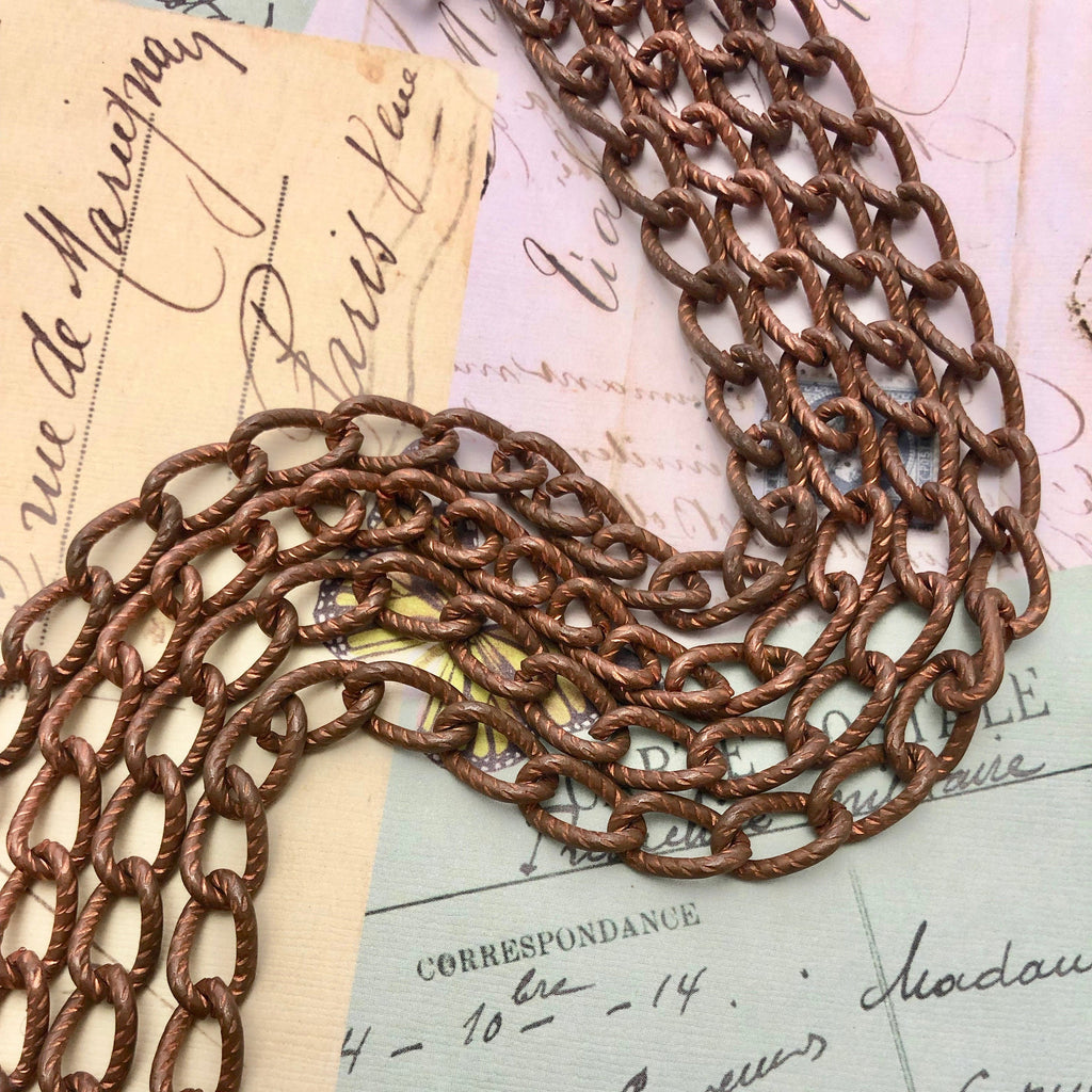 1970s Vintage Textured Copper Curb Chain (Sold By The Foot) 8x13mm