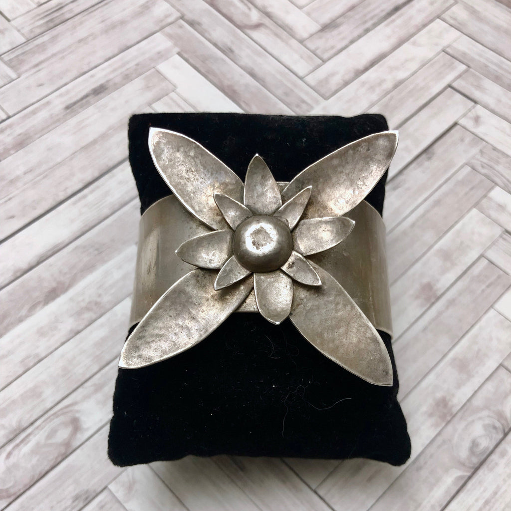 Vintage Handmade Silver Flower Cuff Bracelet