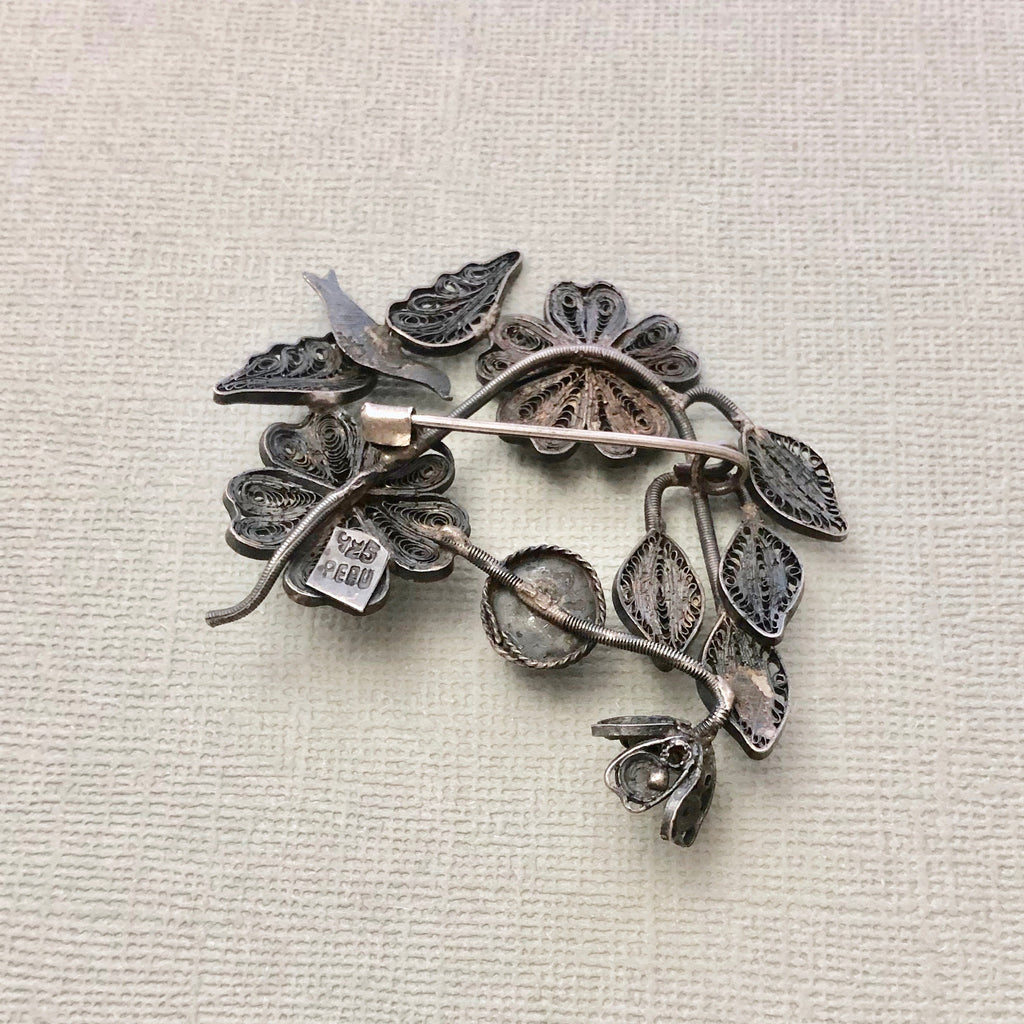 1940s Sterling Peruvian Flowers With Birds Brooch
