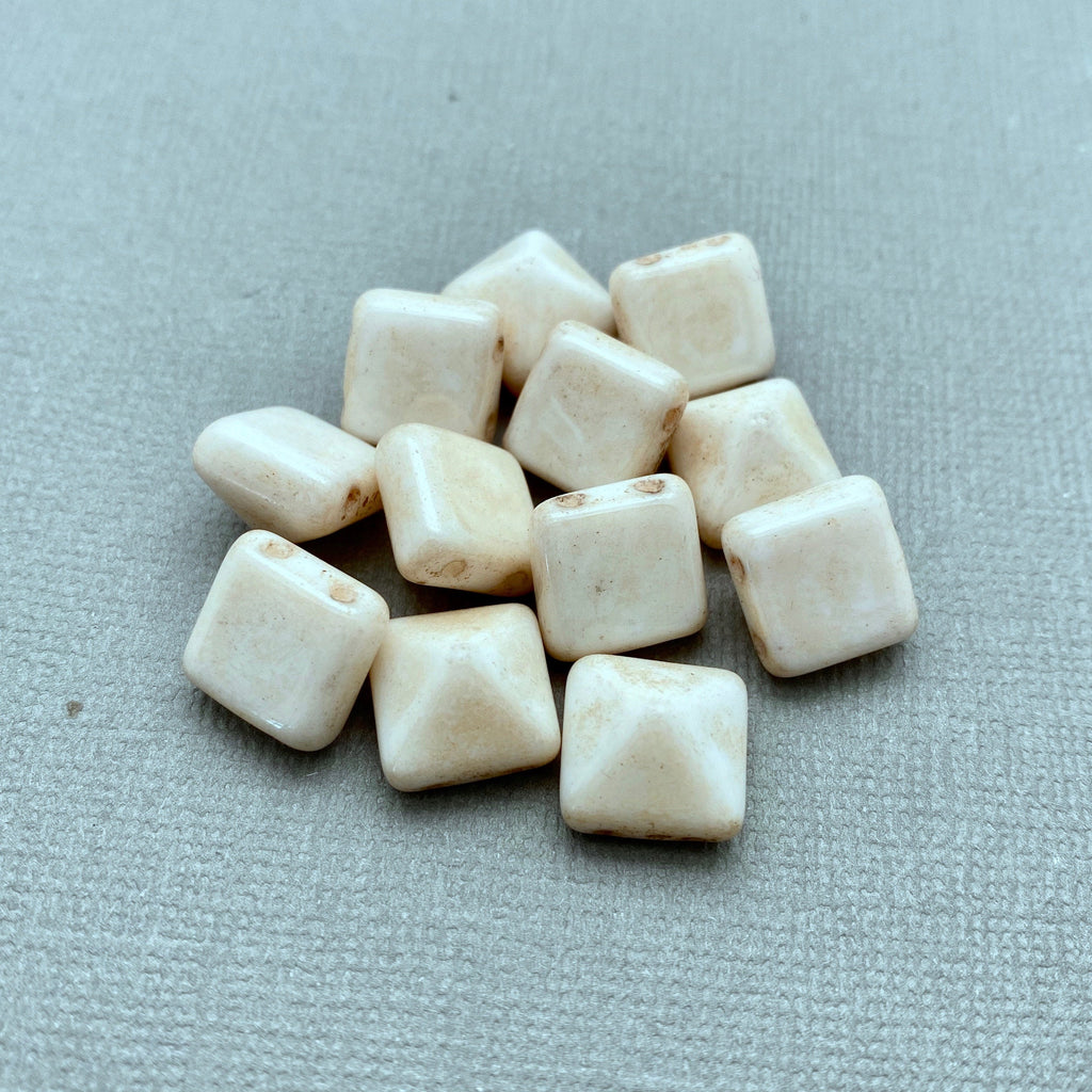 Creamy Ivory White 2-Holed Pyramid Czech Glass Beads (12mm) (SCG14)