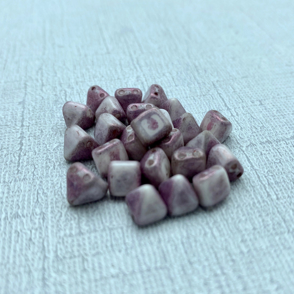 Grayish Purple Picasso 2-Holed Pyramid Czech Glass Beads (6mm) (SCG25)