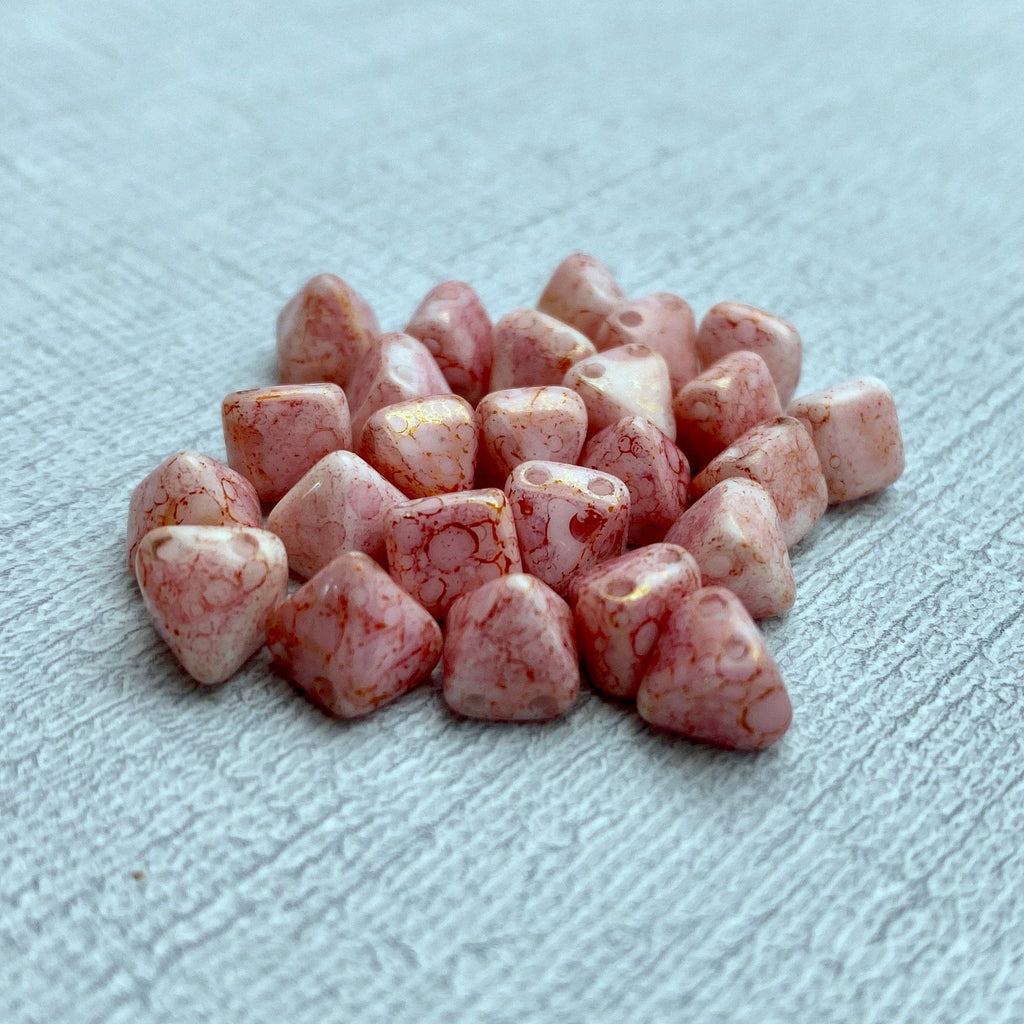Spotted Pink & Gold Picasso 2-Holed Pyramid Czech Glass Beads (6mm) (SCG26)
