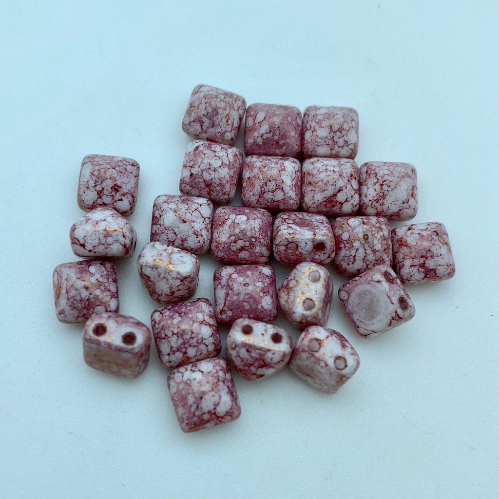 Fuchsia & Gold Spotted Picasso 2-Holed Pyramid Czech Glass Beads (7mm) (SCG44)