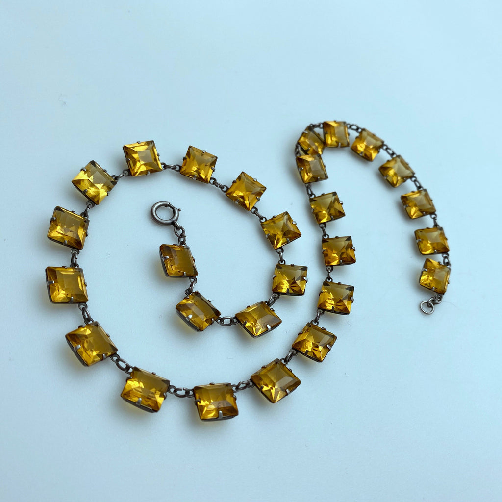 1920s Sterling Faux Citrine Czech Glass Choker Necklace (14 Inches) (SSN1)