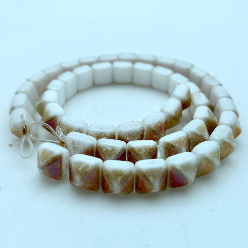 White & Brown With AB 2-Holed Pyramid Czech Glass Beads (8mm) (SCG35)