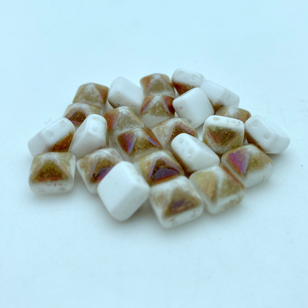 White & Brown With AB 2-Holed Pyramid Czech Glass Beads (8mm) (SCG35)