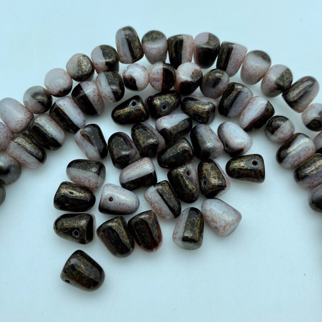 Shiny Black & Milky White Gumdrop Czech Glass Beads (7x10mm) (SCG83)