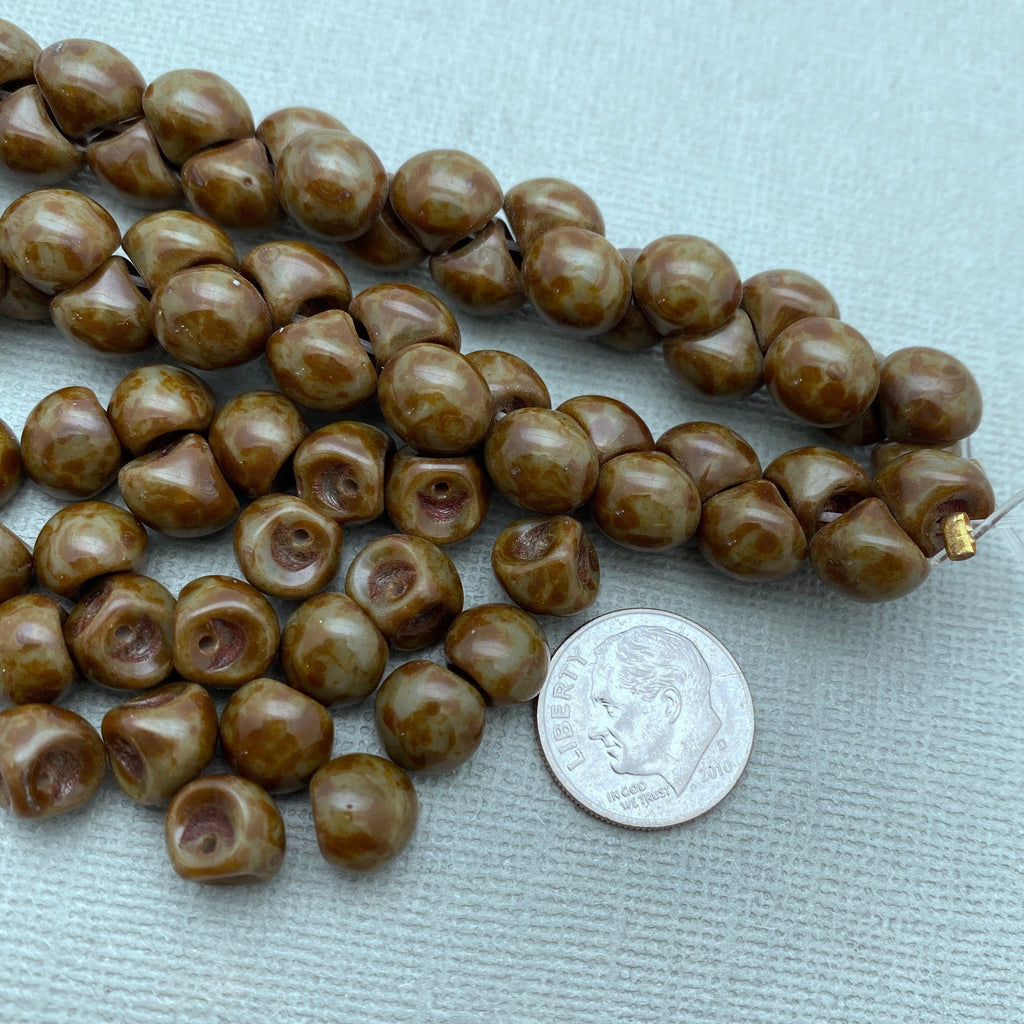 Shiny Green & Brown Picasso Czech Glass Mushroom Beads (8mm) (SCG85)