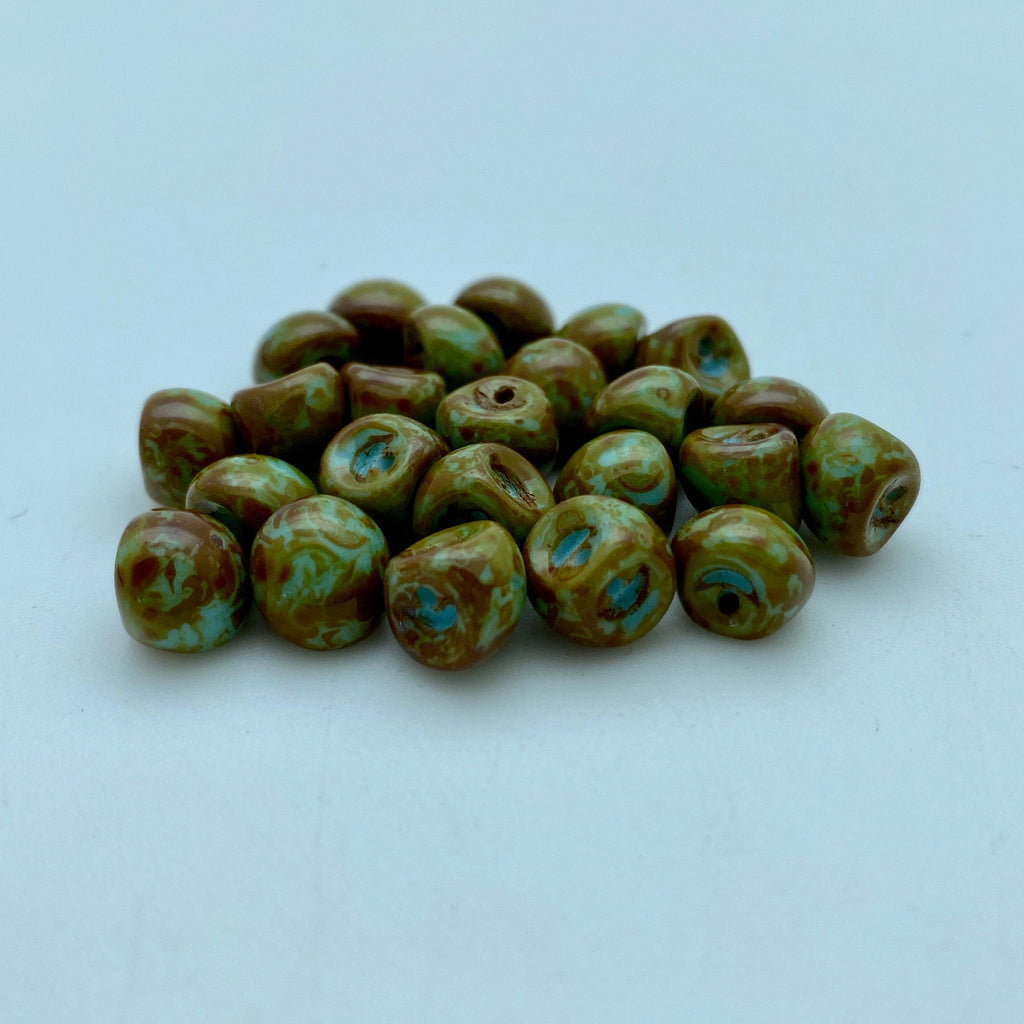 Southwestern Green Blue & Brown Picasso Czech Glass Mushroom Beads (8mm) (SCG88)
