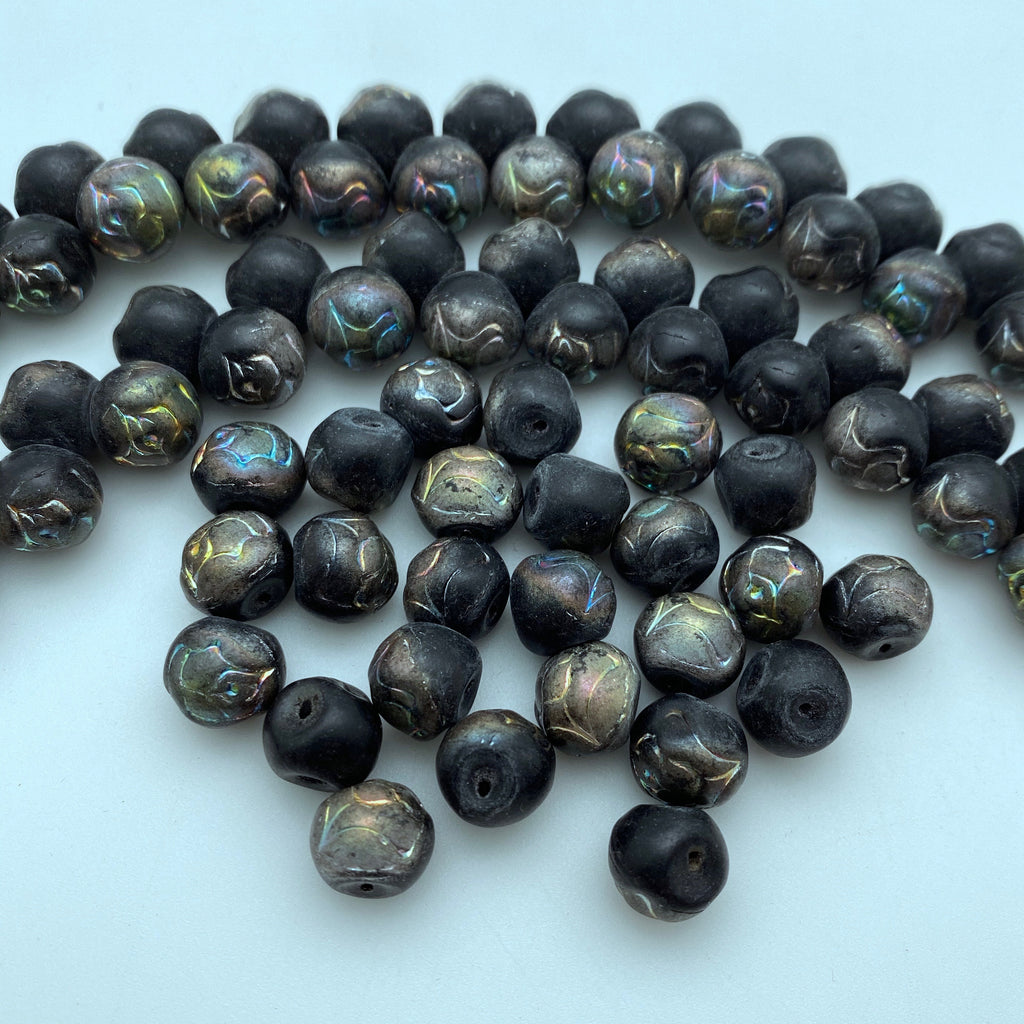 Matte Black With AB Finish Czech Glass Mushroom Beads (10mm) (SCG107)
