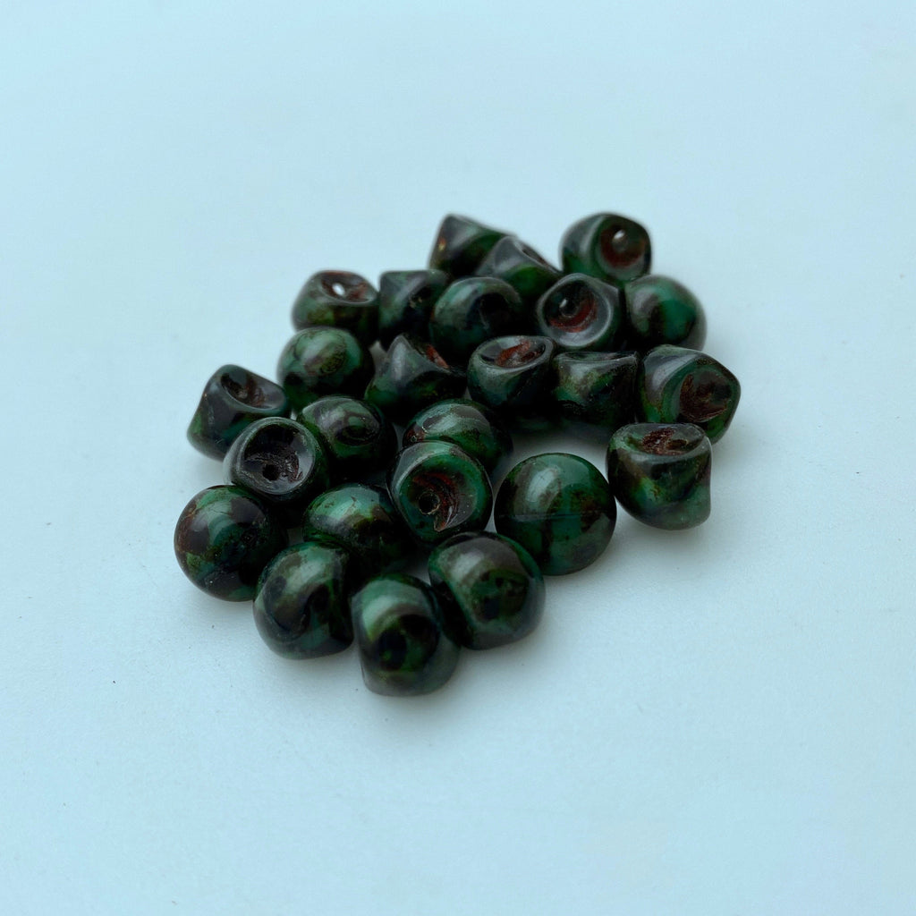 Shiny Black & Dark Green Picasso Czech Glass Mushroom Beads (8mm) (SCG87)