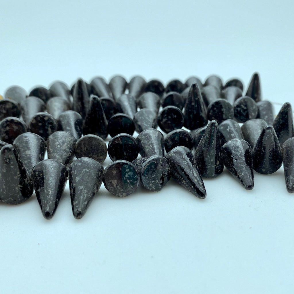 Shiny Black Picasso With Gray Spots Czech Glass Spike Beads (11x18mm) (SCG109)