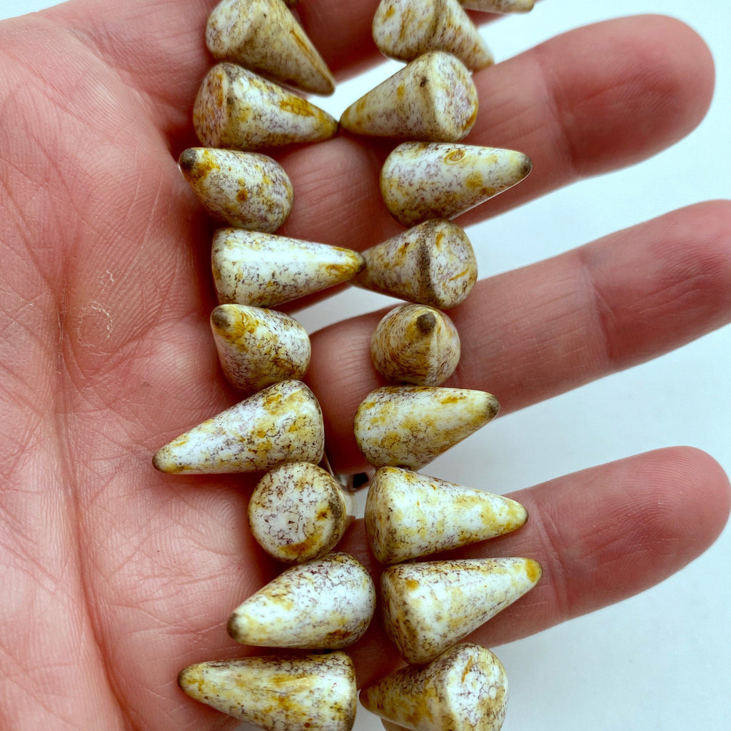 Yellow, Gray & White Spotted Czech Glass Spike Beads (11x18mm) (SCG120)