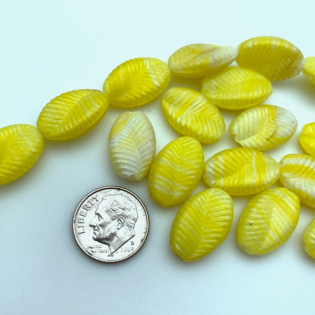 Vintage Opaque Pineapple Yellow & White Leaf Twist German Beads (12x18mm) (YGG3)
