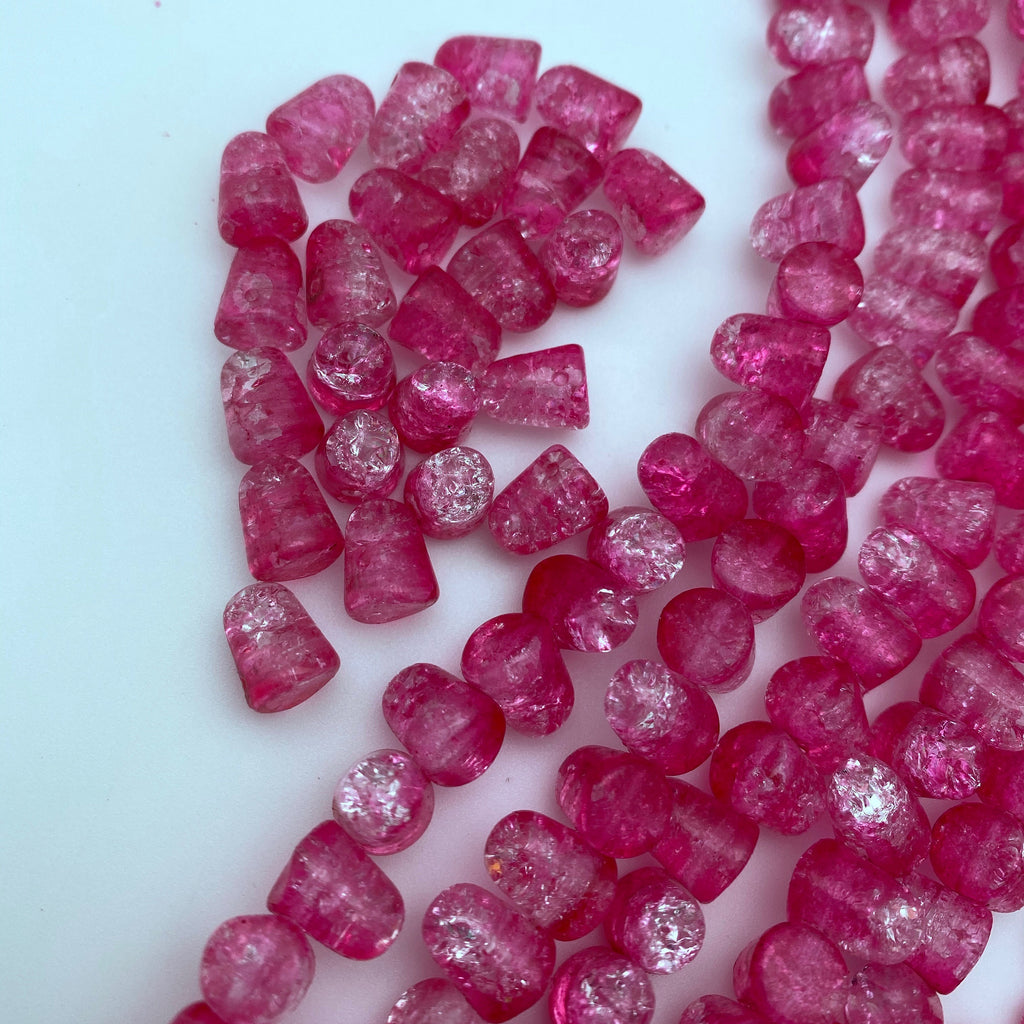 Hot Pink & Clear Crackle Glass Gumdrop Czech Beads (7x10mm) (SCG134)