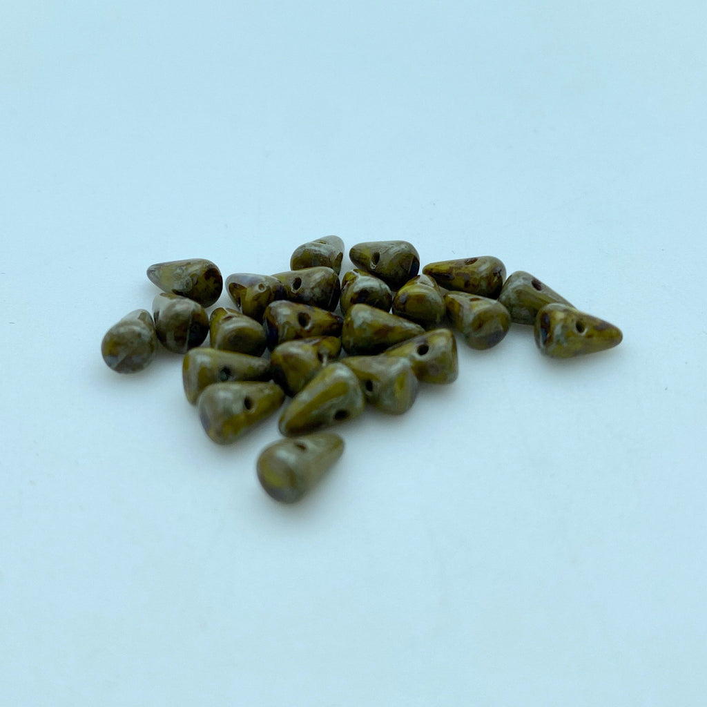 Olive Green Picasso Czech Glass Spike Beads (4x7mm) (SCG158)