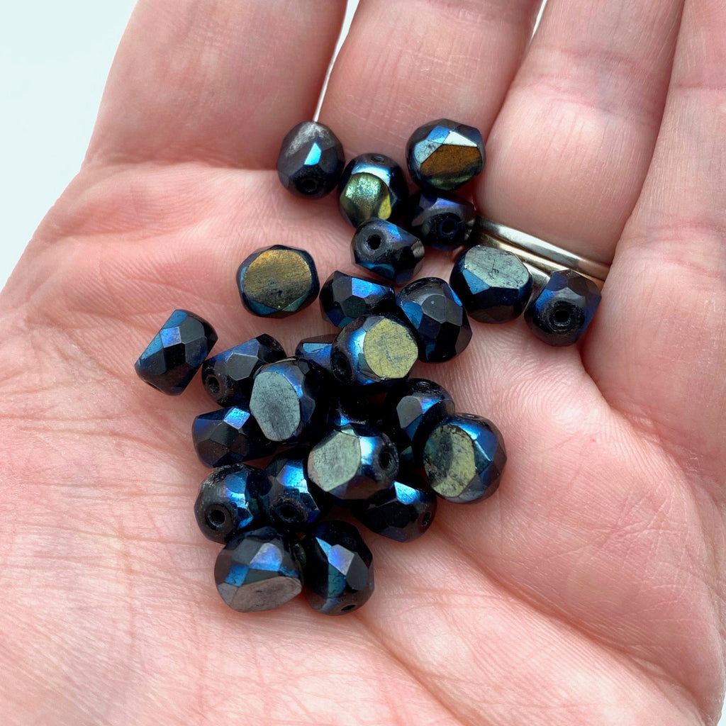 Dark Blue & Black Fire Polished Czech Glass Beads (7x8mm) (BCG33)