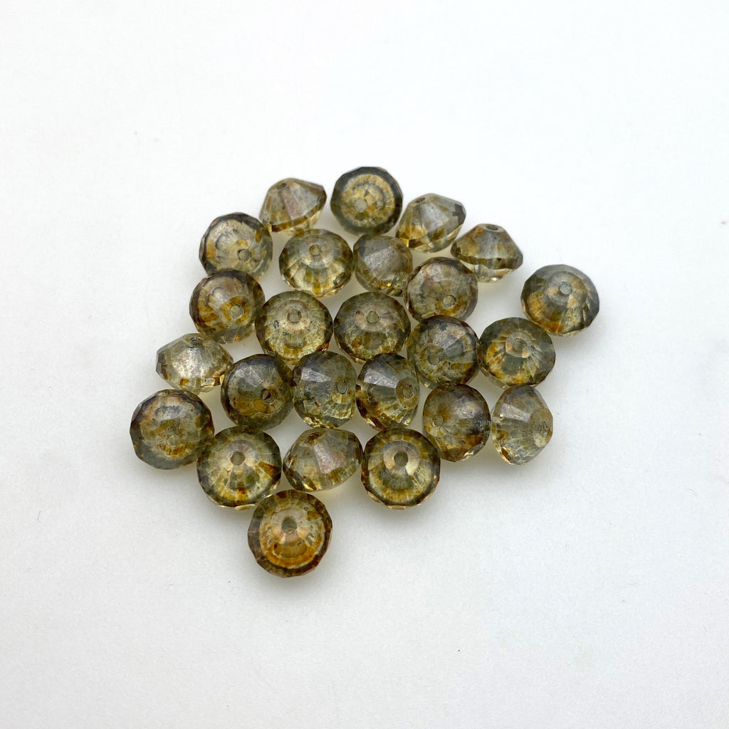 Vintage Picasso Green & Brown Faceted Bicone Czech Glass Beads (6x8mm) (GCG102)