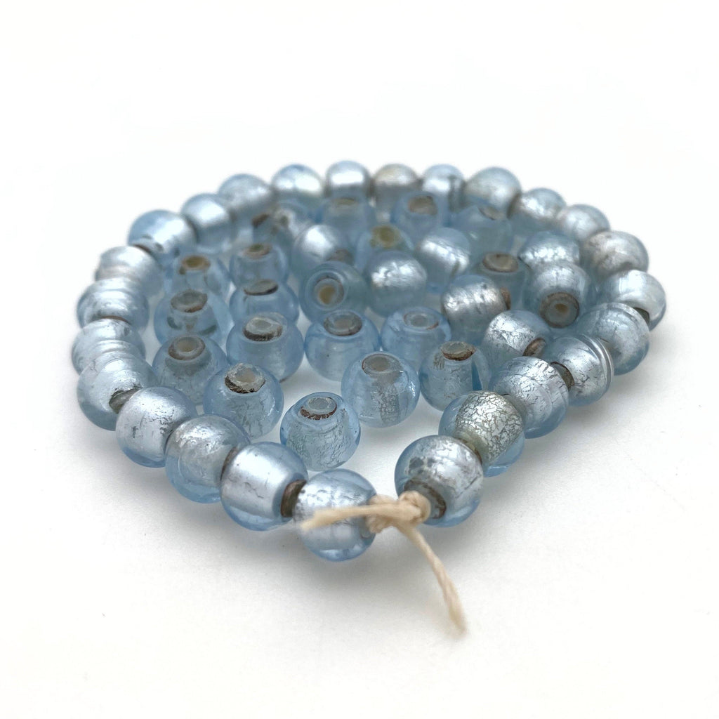 Vintage Light Blue Round Japanese Foil Glass Beads (6x7mm) (BJG16)