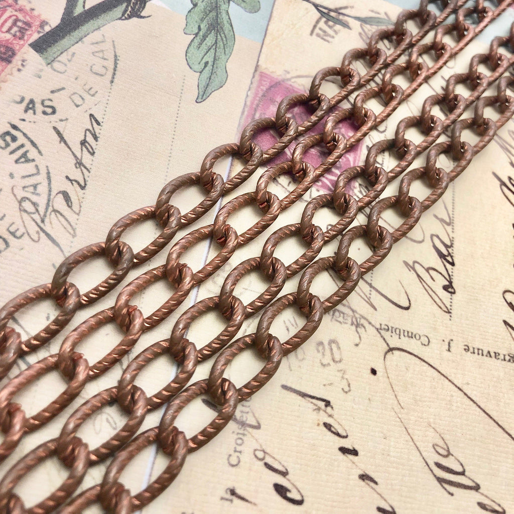 1970s Vintage Textured Copper Curb Chain (Sold By The Foot) 8x13mm
