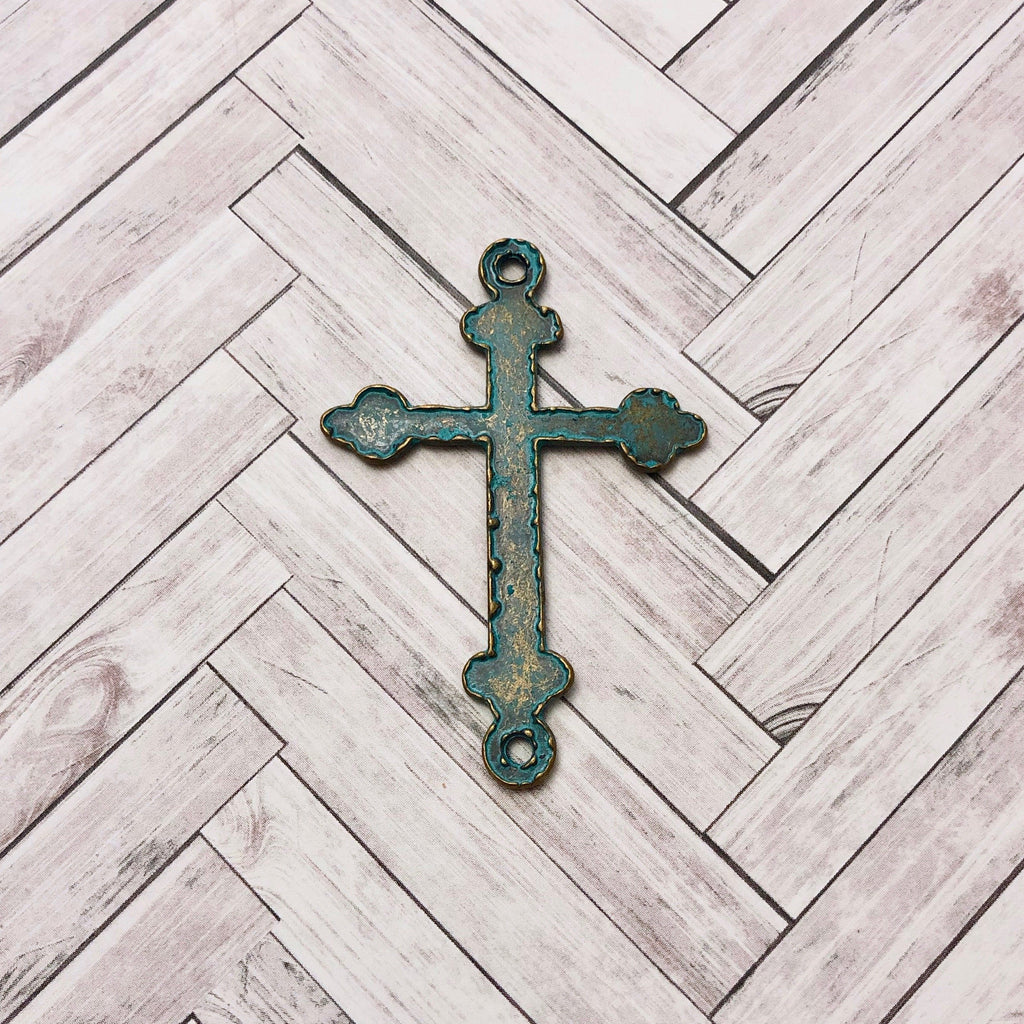 Double Connector Blue Patina Metal Cross