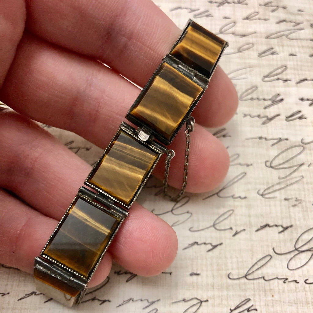 1960s Silver Tigers Eye Square Bracelet (7.5 Inches)