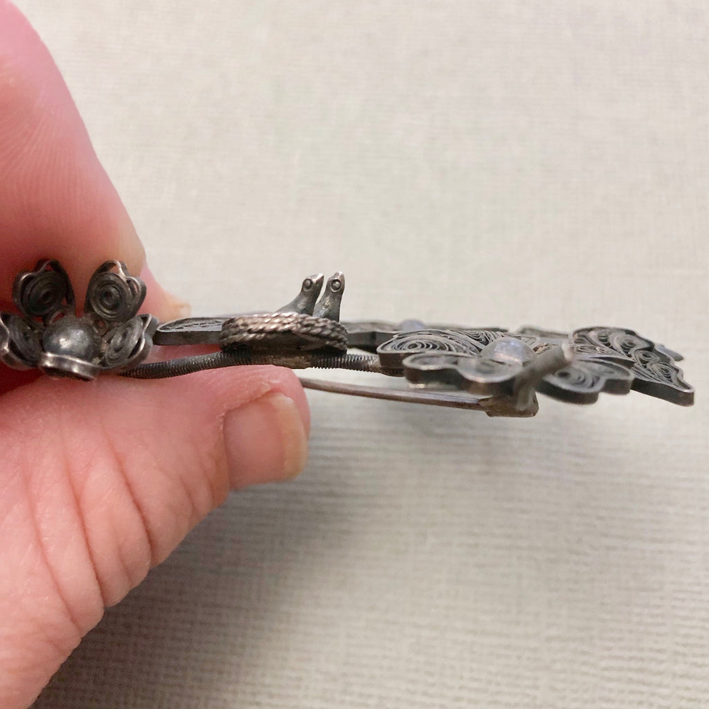 1940s Sterling Peruvian Flowers With Birds Brooch