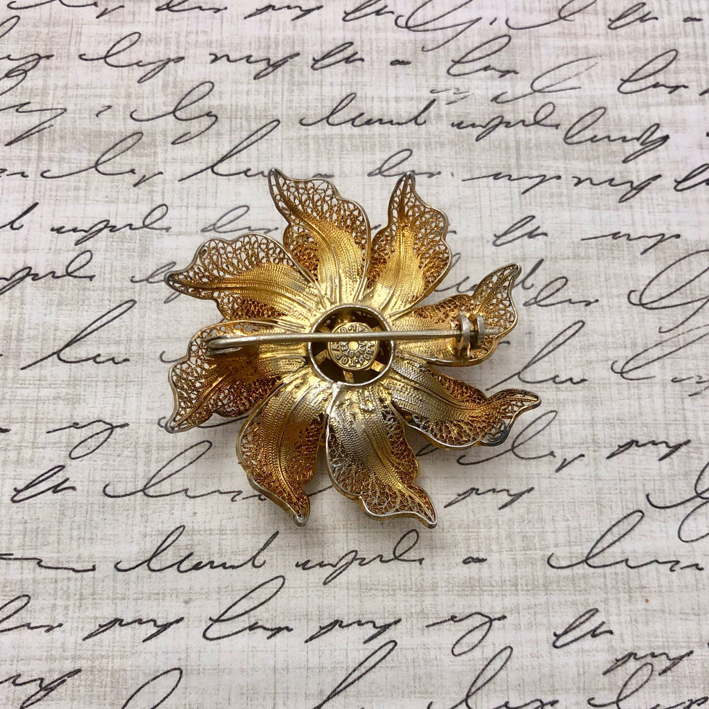 1940s Vermeil Filigree Layered Flower Brooch