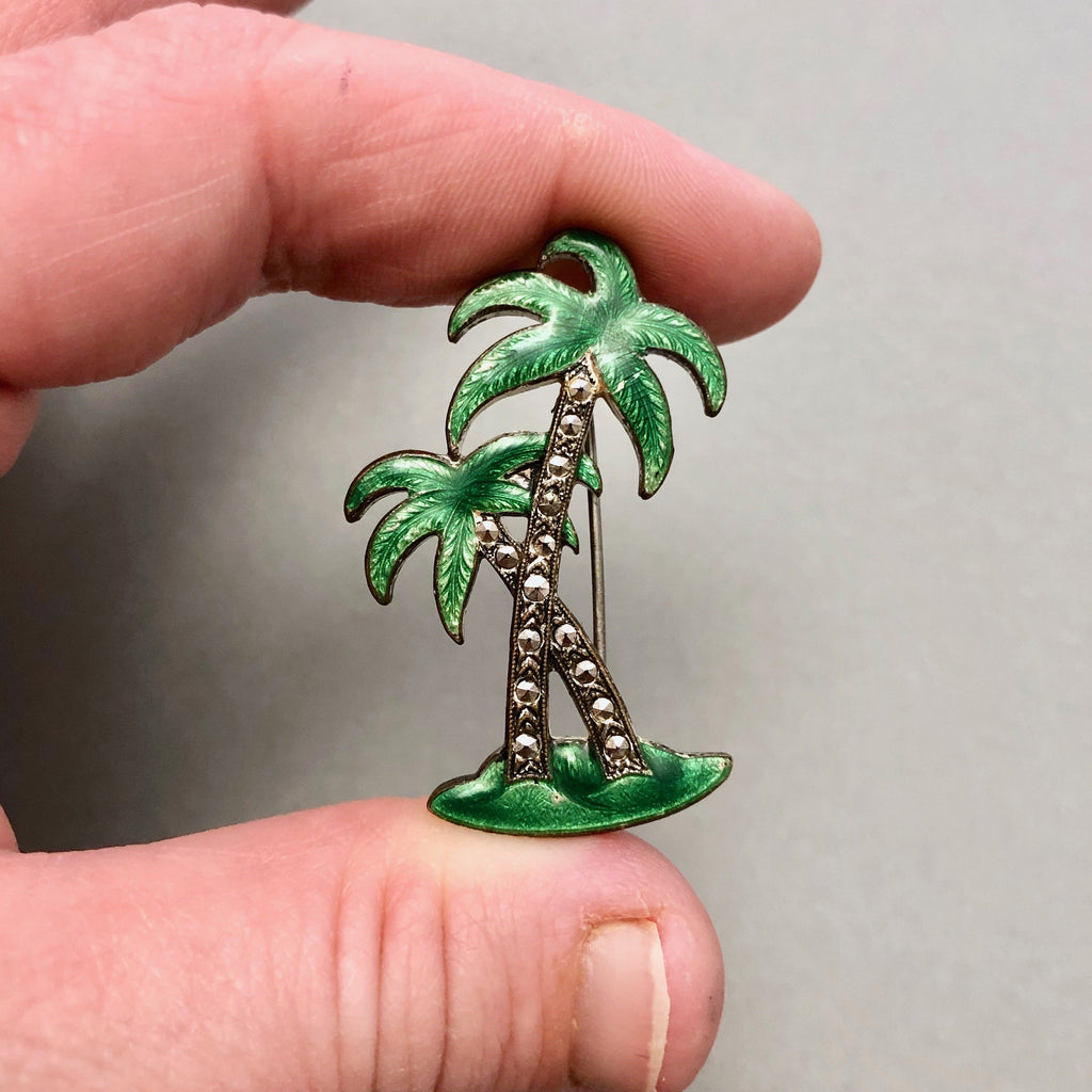 Vintage Enamel & Marcasite Palm Tree Brooch