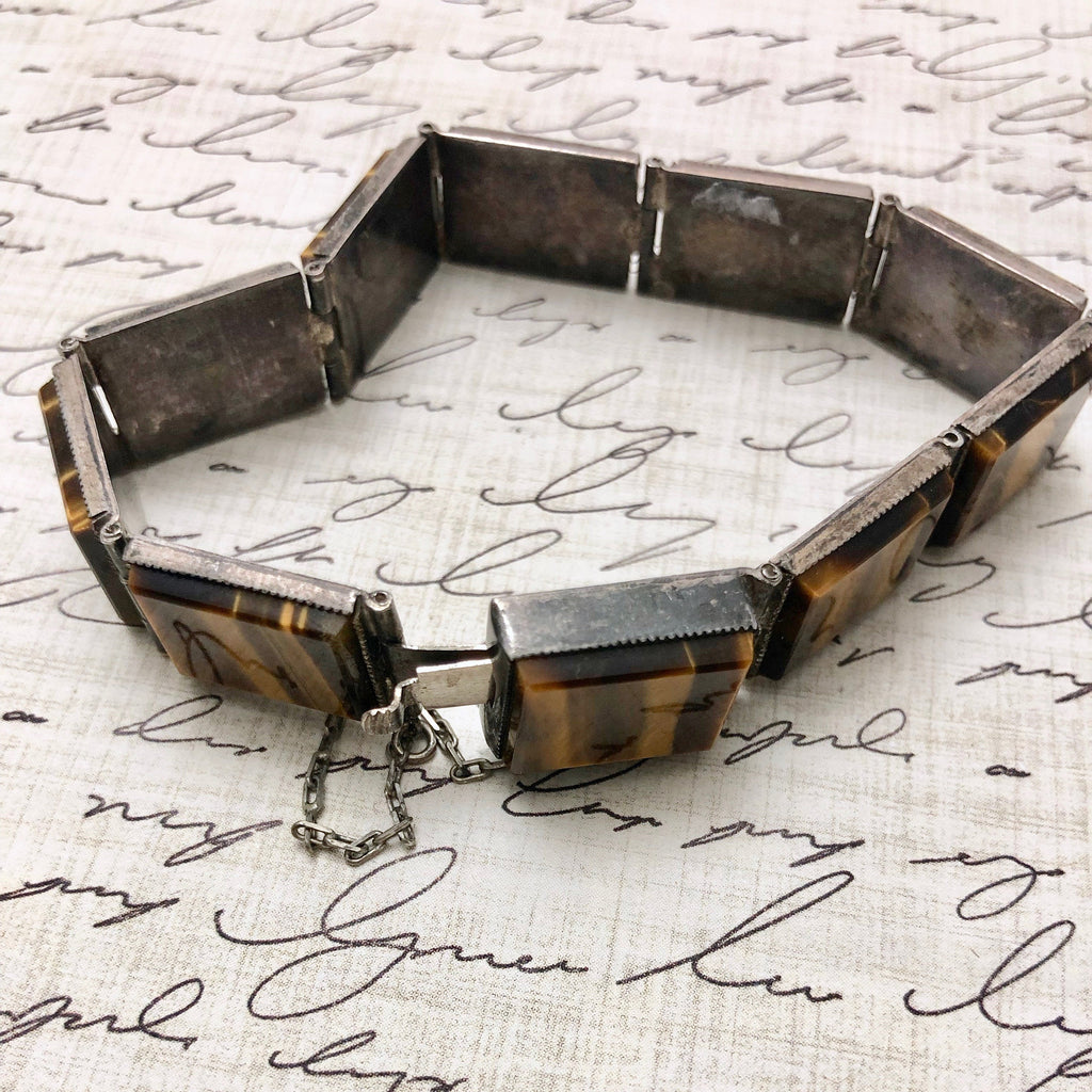 1960s Silver Tigers Eye Square Bracelet (7.5 Inches)