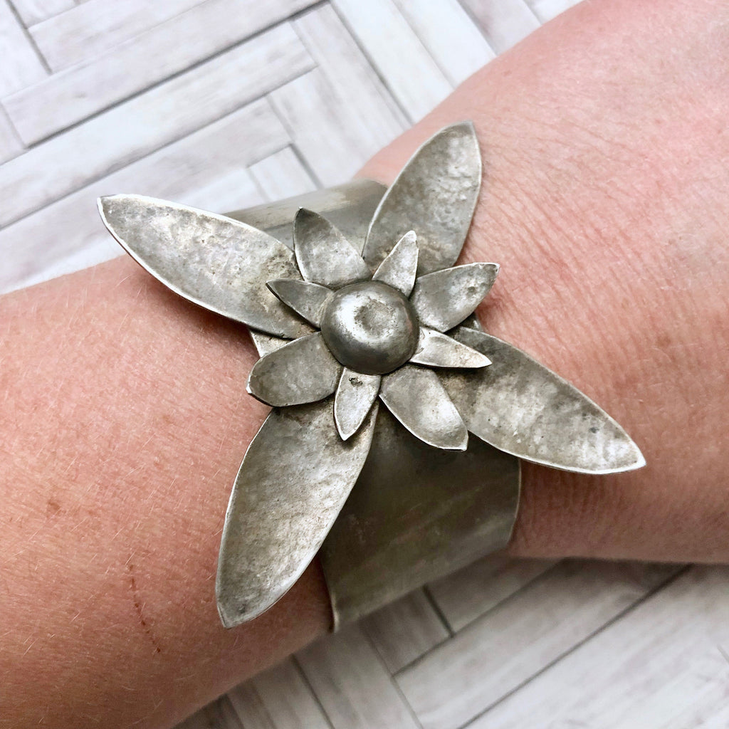 Vintage Handmade Silver Flower Cuff Bracelet