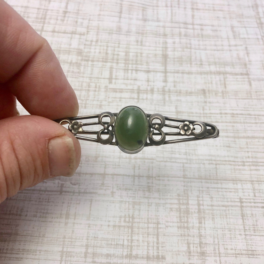 1940s Jade and Sterling Floral Brooch