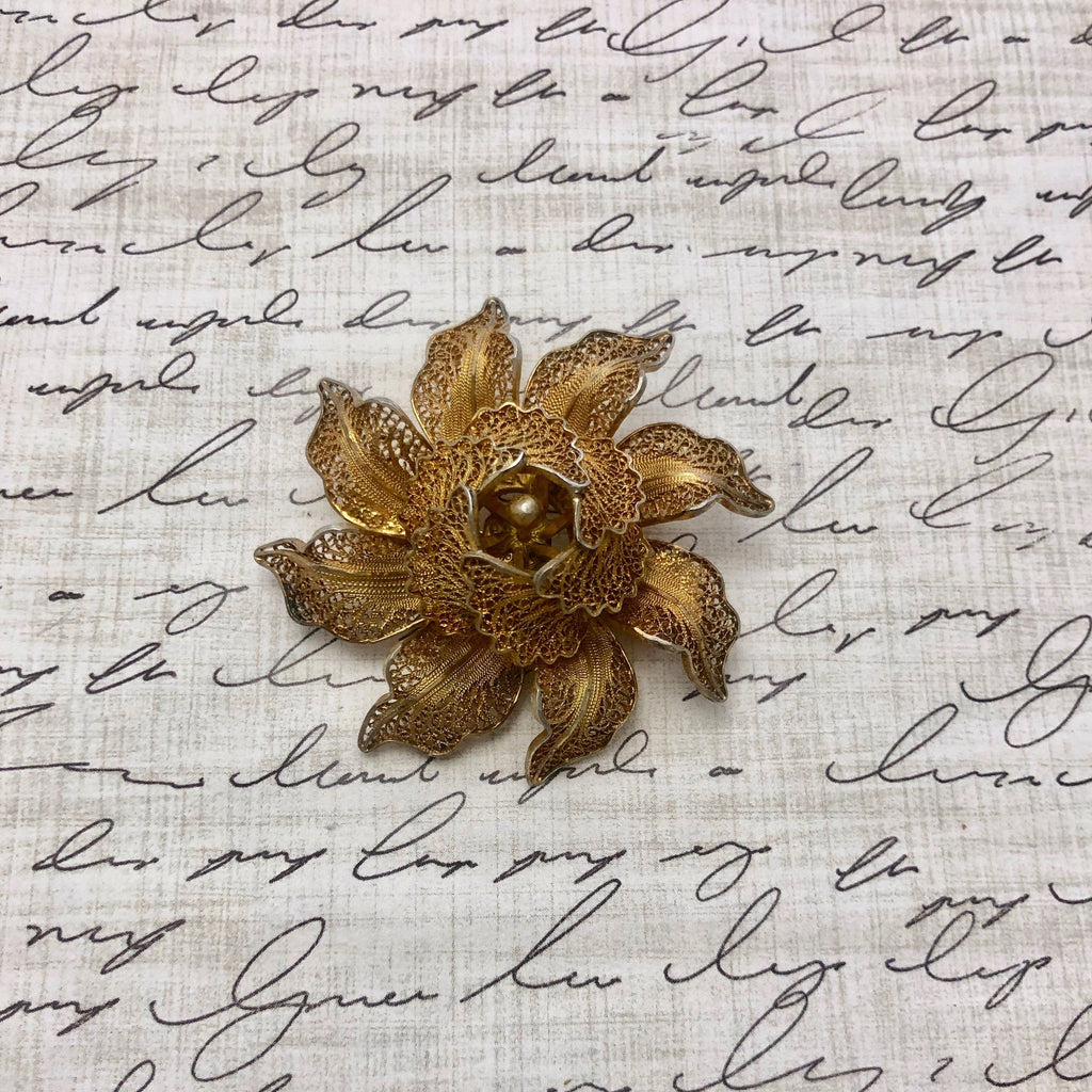 1940s Vermeil Filigree Layered Flower Brooch