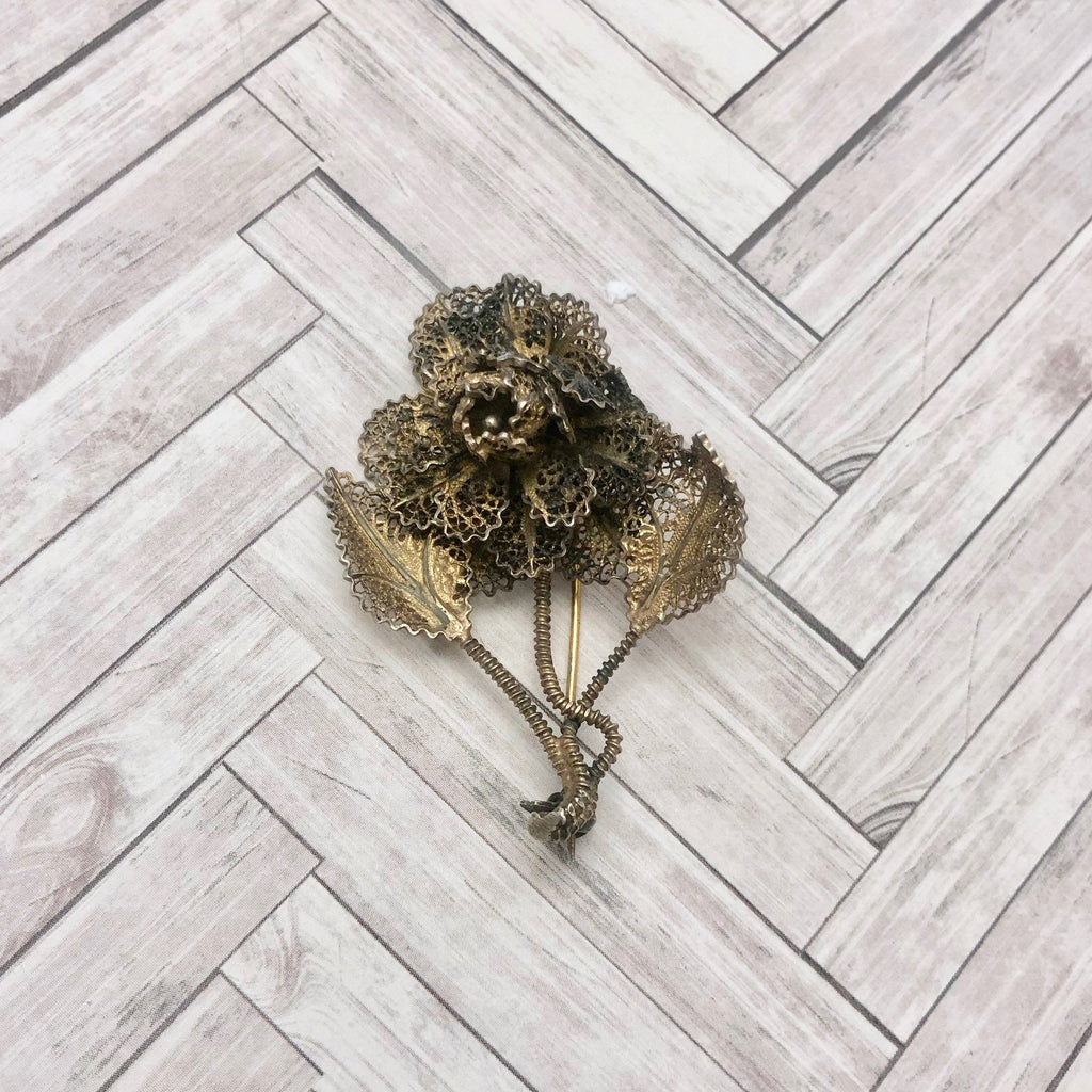 1940s Vermeil Filigree Flower With Leaves Brooch