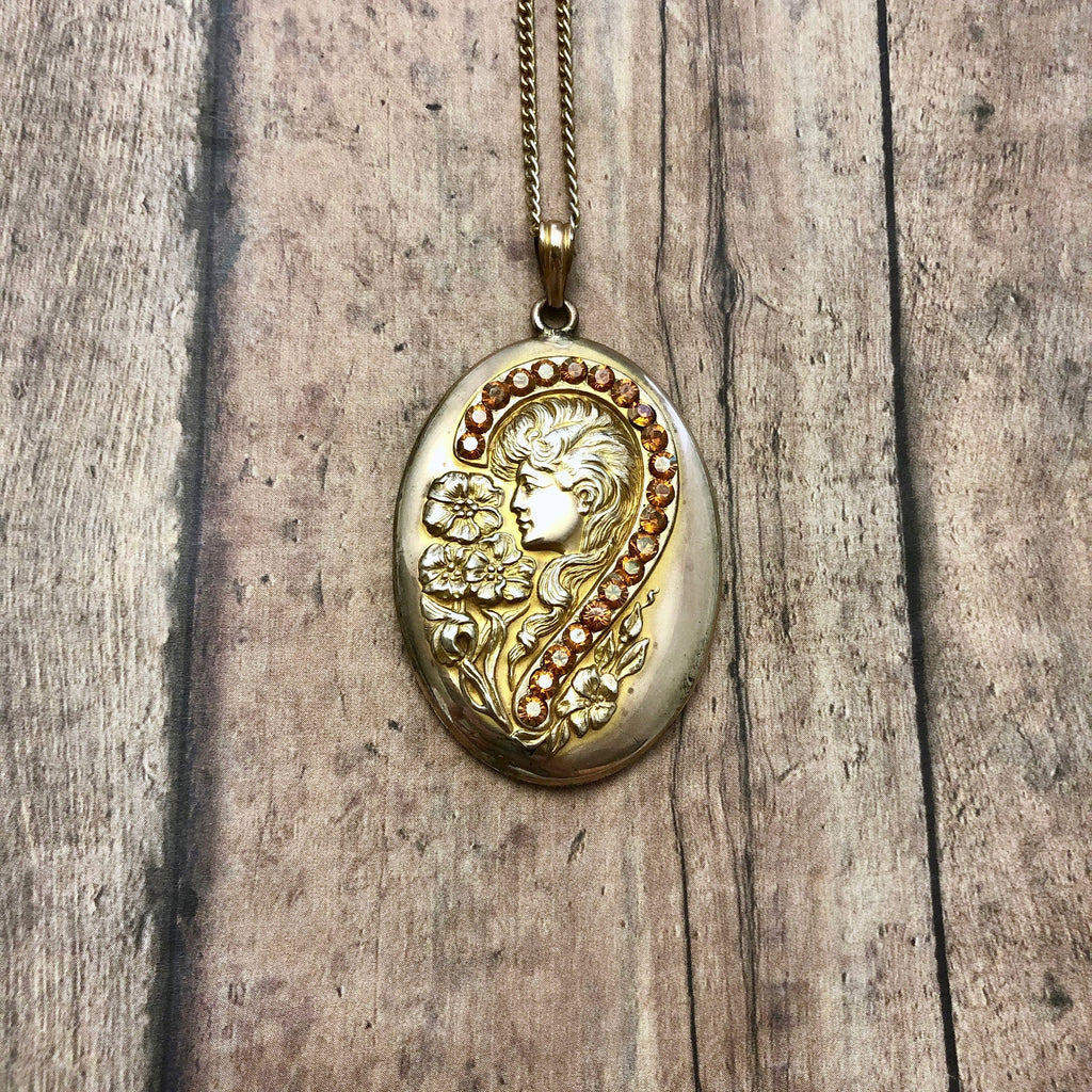 1950s &quot;Art Nouveau&quot; Style Gold Plated Rhinestone Locket With 23 Inch GF Chain (GFL7)
