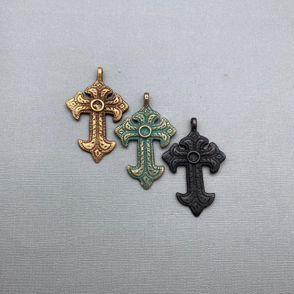 Christian Cross Pendants In Antique Brass, Black Patina, Blue Patina (Choose From 3 Different Colors) (SBC13)