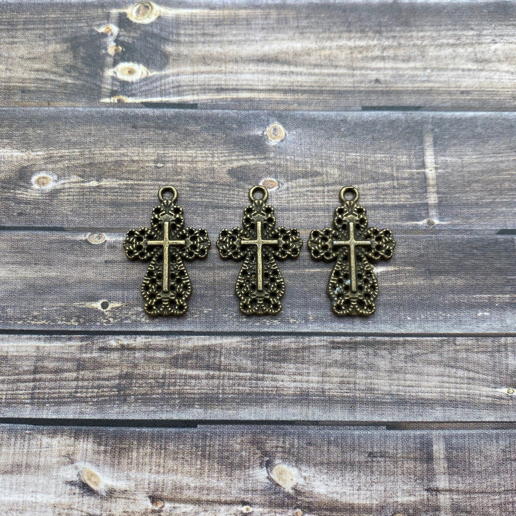 Bronze Color Filigree Cross Pendants 3 or 15