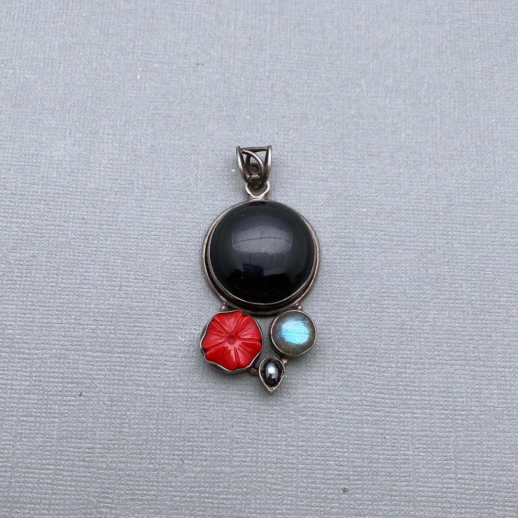 Sterling Silver Onyx, Red Coral, & Labradorite Pendant (SP49)