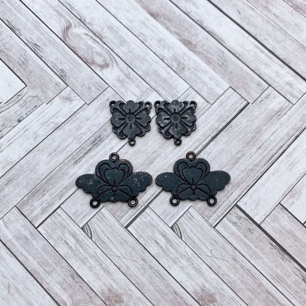 Black Plated Floral Charm 3 Ring Connectors (Available in 2 Choices) (MP208)