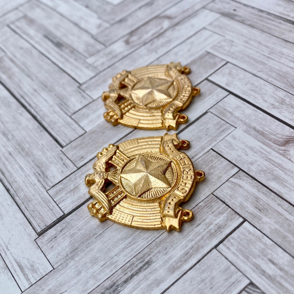 Pair Of Brass Plated Connector Sheriff Badge Pendants (MP98)