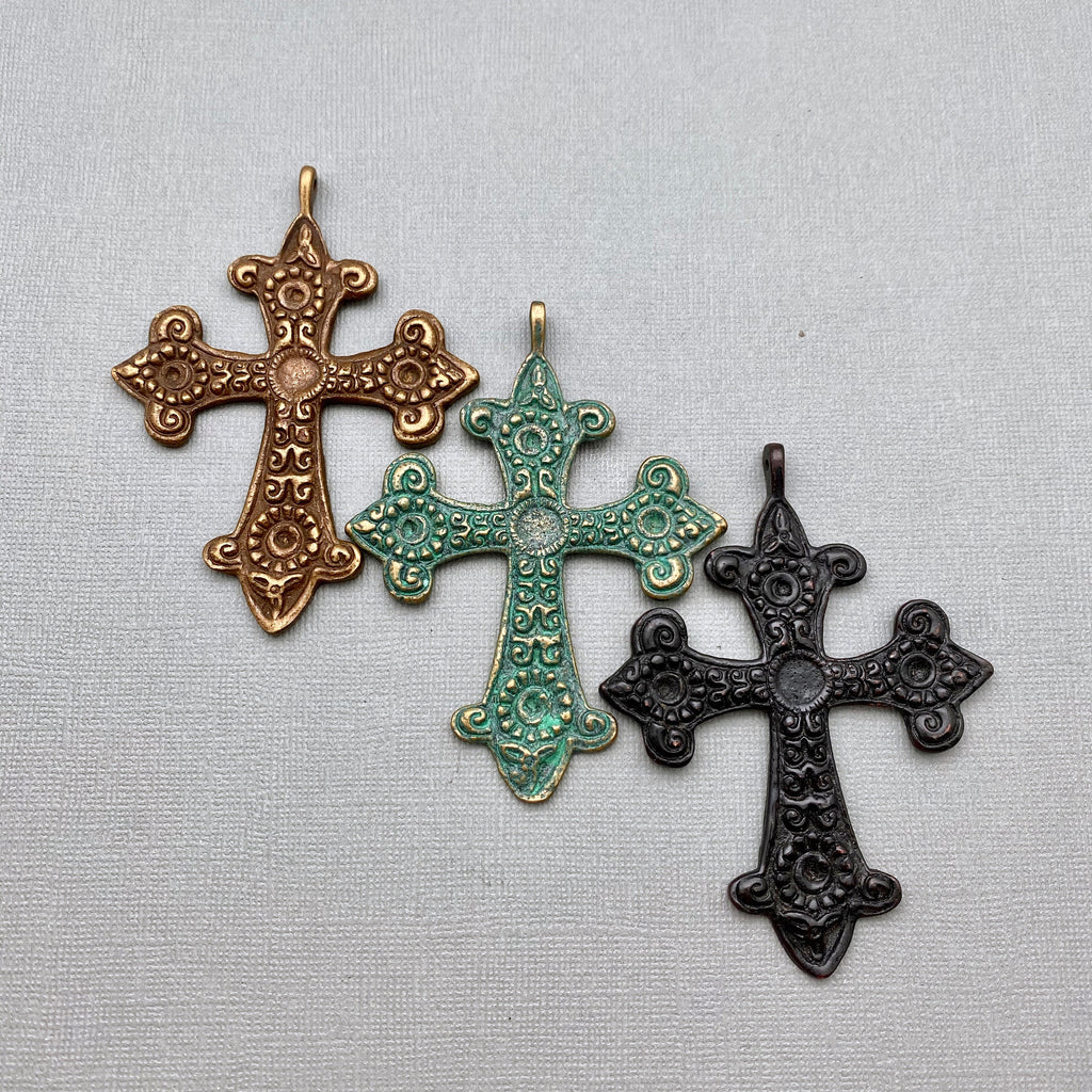 Brass Cross Pendants (Choose From 3 Different Colors) Antique Brass, Blue Patina, & Black Patina (LBC32)