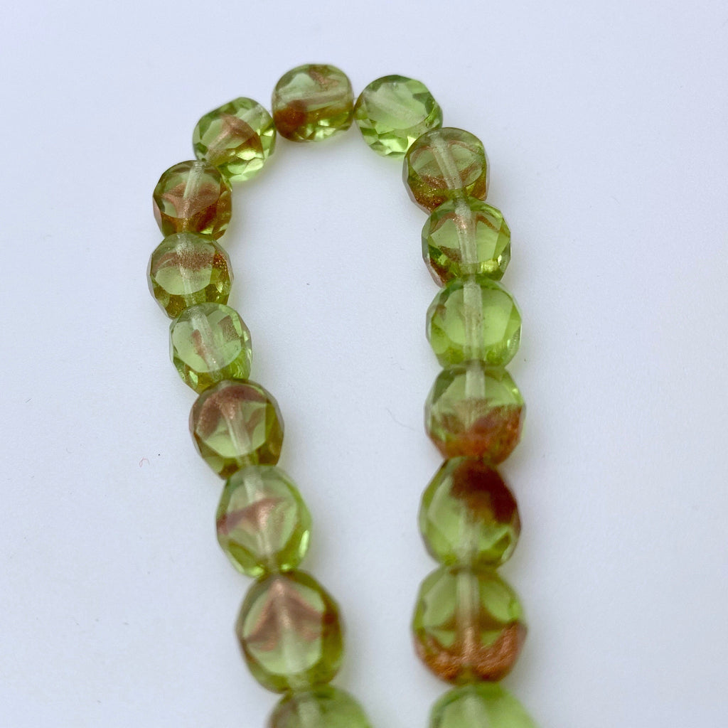 Spring Green & Gold Stone Table Cut Czech Glass Beads (8mm) (GCG7)