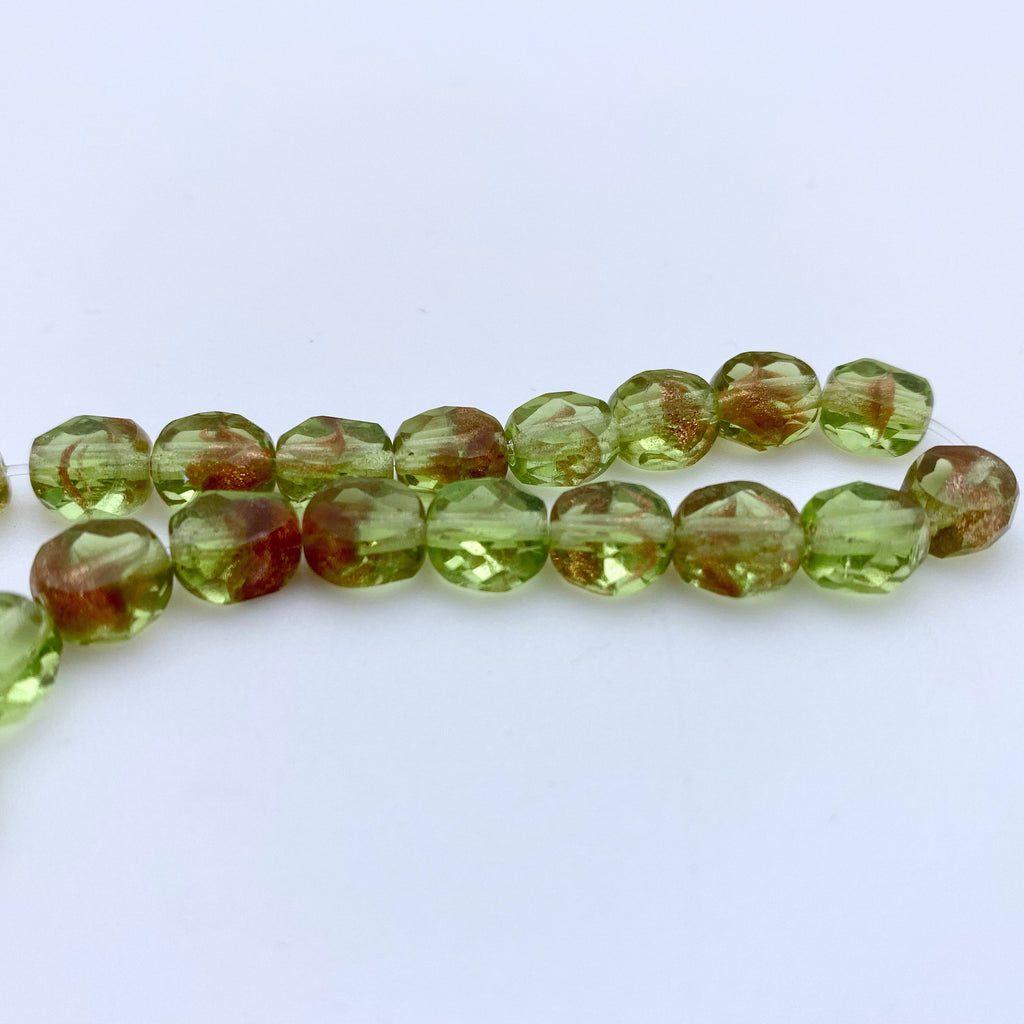 Spring Green & Gold Stone Table Cut Czech Glass Beads (8mm) (GCG7)