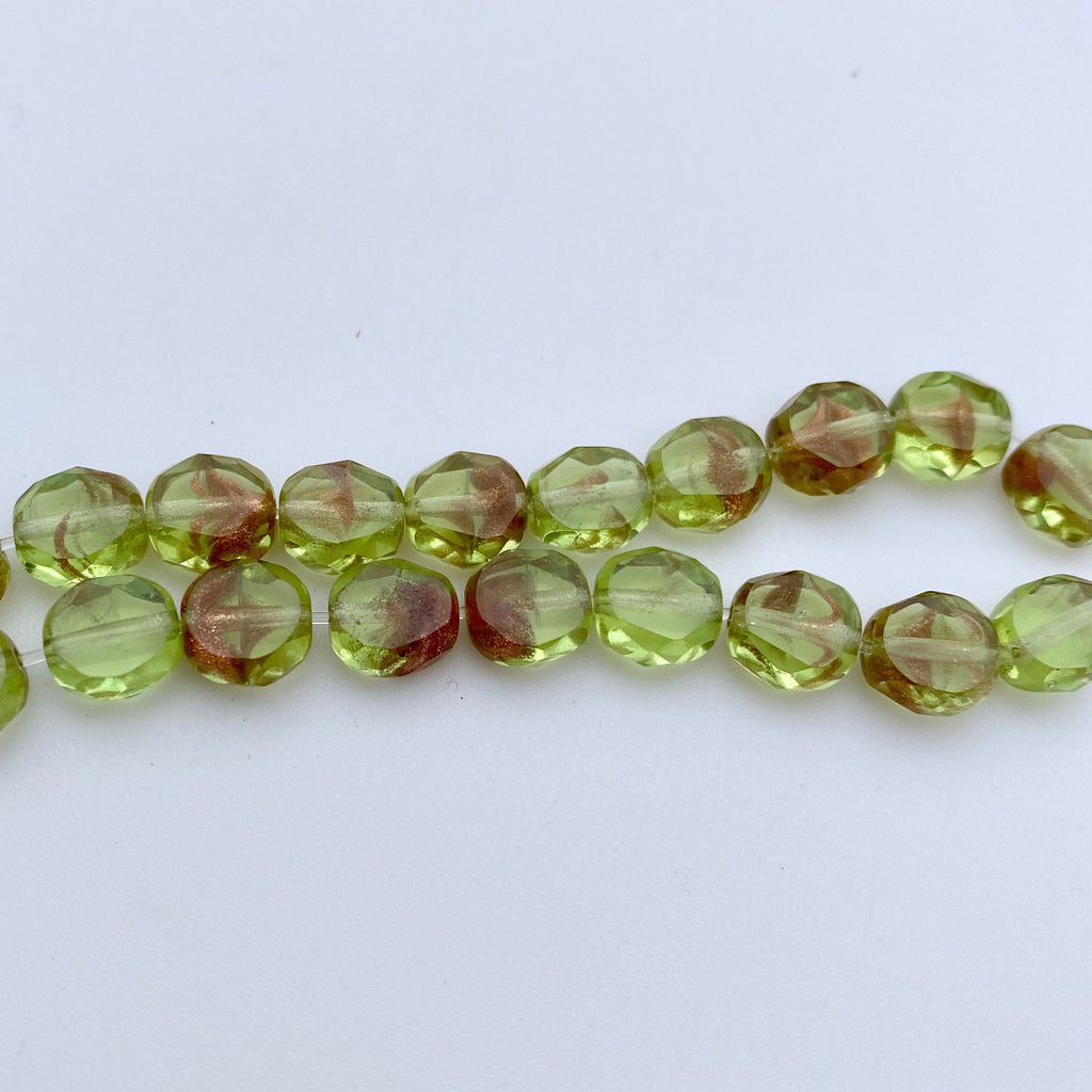 Spring Green & Gold Stone Table Cut Czech Glass Beads (8mm) (GCG7)