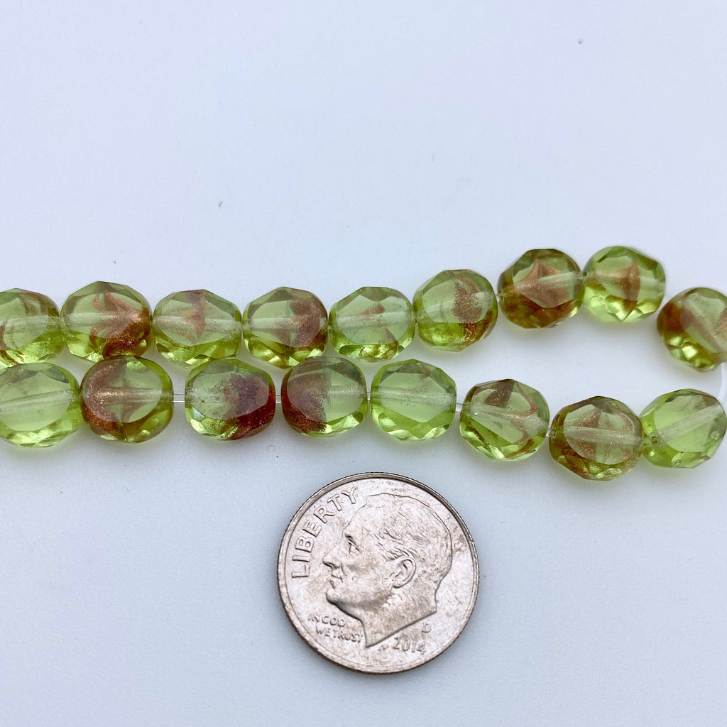Spring Green & Gold Stone Table Cut Czech Glass Beads (8mm) (GCG7)