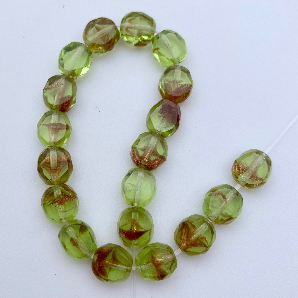 Spring Green & Gold Stone Table Cut Czech Glass Beads (8mm) (GCG7)