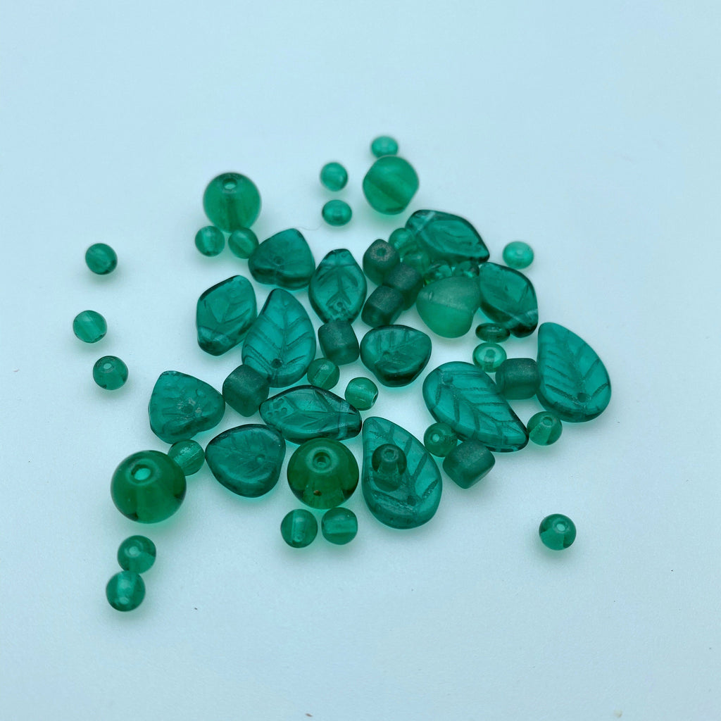 Teal Green Assorted Czech Beads With Leaves & Hearts (GCG19)