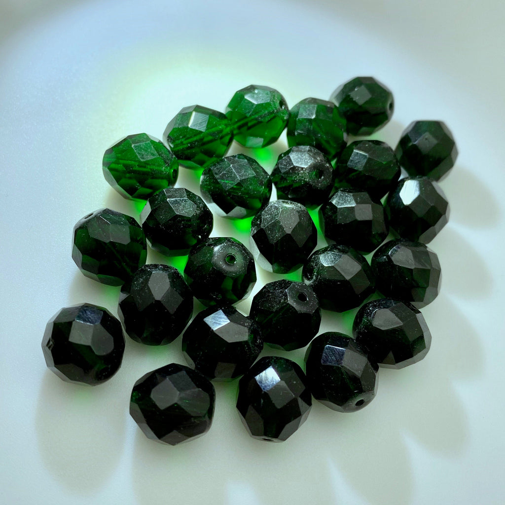 Vintage Dark Green Czech Faceted Round Beads (12mm) (GCG25)