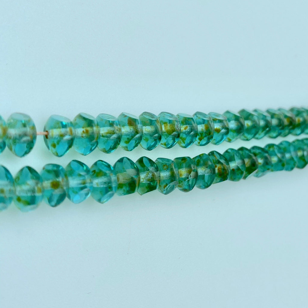 Blueish Green & Brown Turquoise Picasso Table Cut Rondelle Czech Glass Beads (4x7mm) (GCG30)