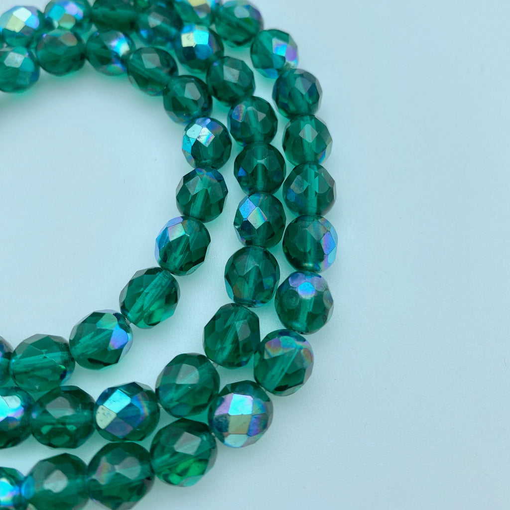 Vintage Czech Faceted Teal Green Beads With AB Finish (10mm) (GCG35)
